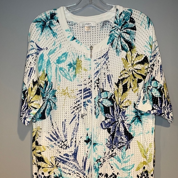 CJ Banks Woman Sweater Zip Up Top Size XL Palm Print Vacation Cruise Travel - Picture 1 of 9